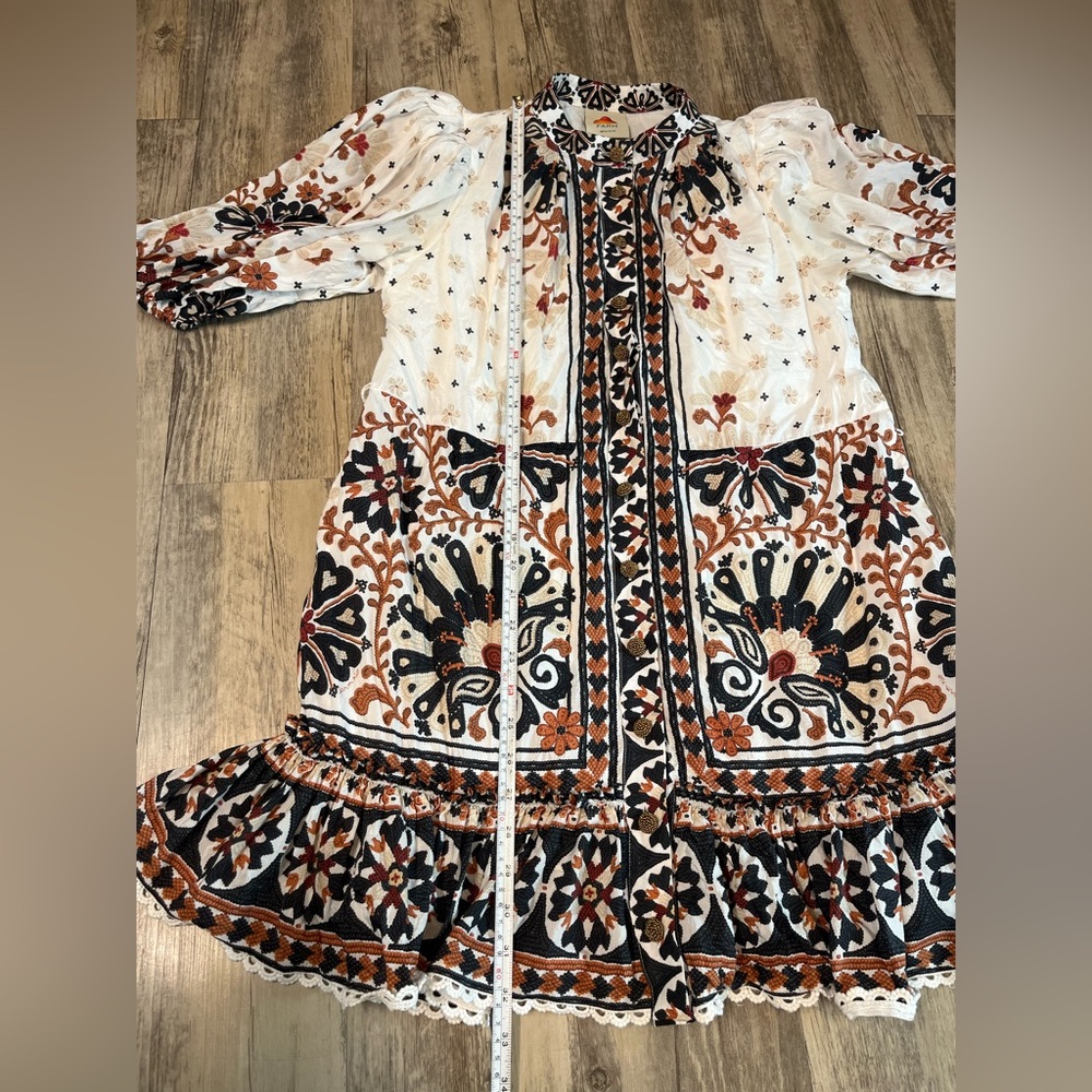 Farm Rio Flower Fan Off White Tapestry Dress Puff Sleeve Button Down Size Small - Picture 6 of 14
